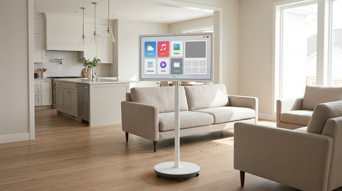 A rolling smart display on wheels in a modern home room