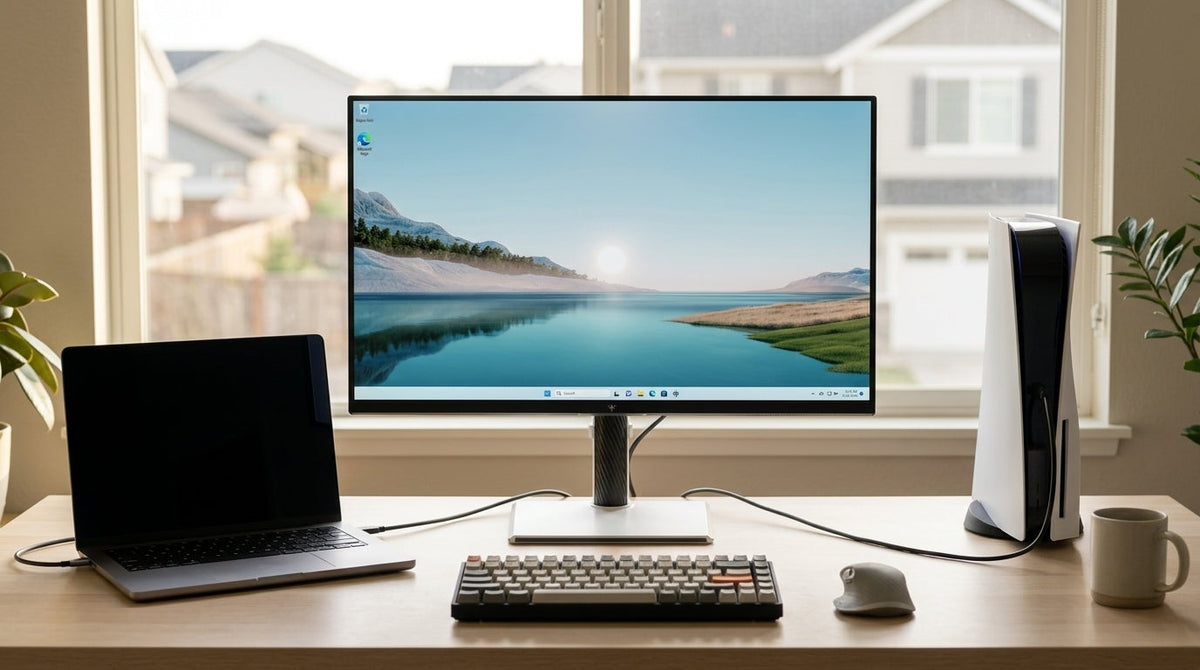 USB-C KVM monitor on a clean hybrid work desk with a laptop, keyboard, mouse, and gaming console nearby
