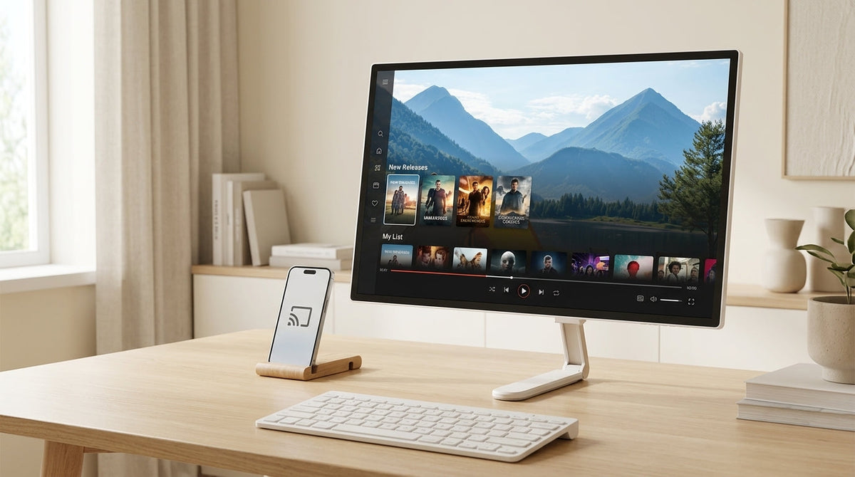 Smart display setup with streaming apps and a wireless keyboard on a desk