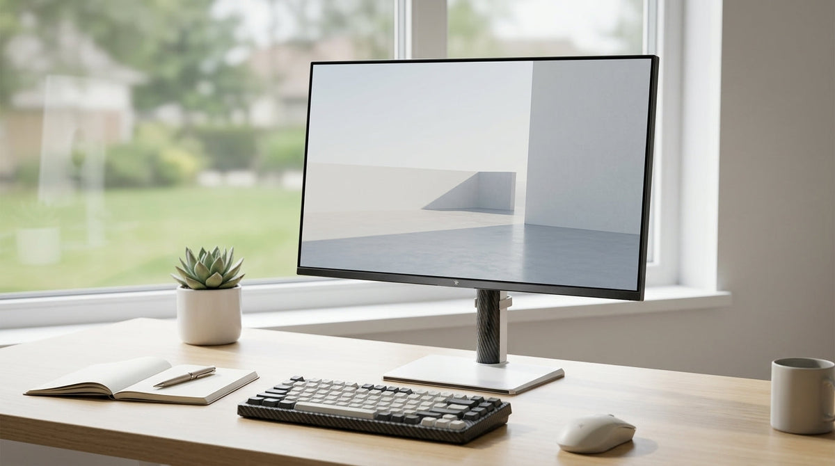Mini-LED monitor on a bright office desk with window light and a keyboard nearby