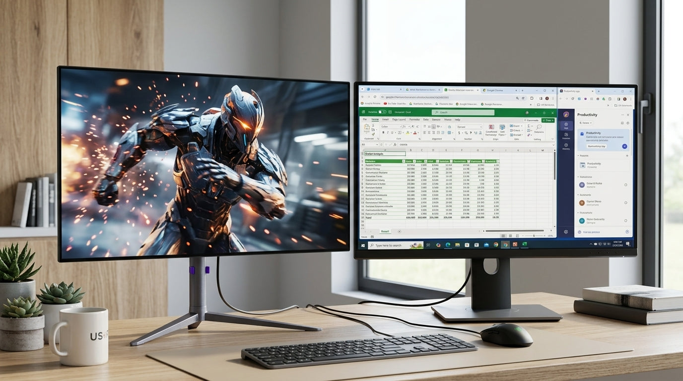 OLED and Mini-LED monitors on a mixed work-and-gaming desk