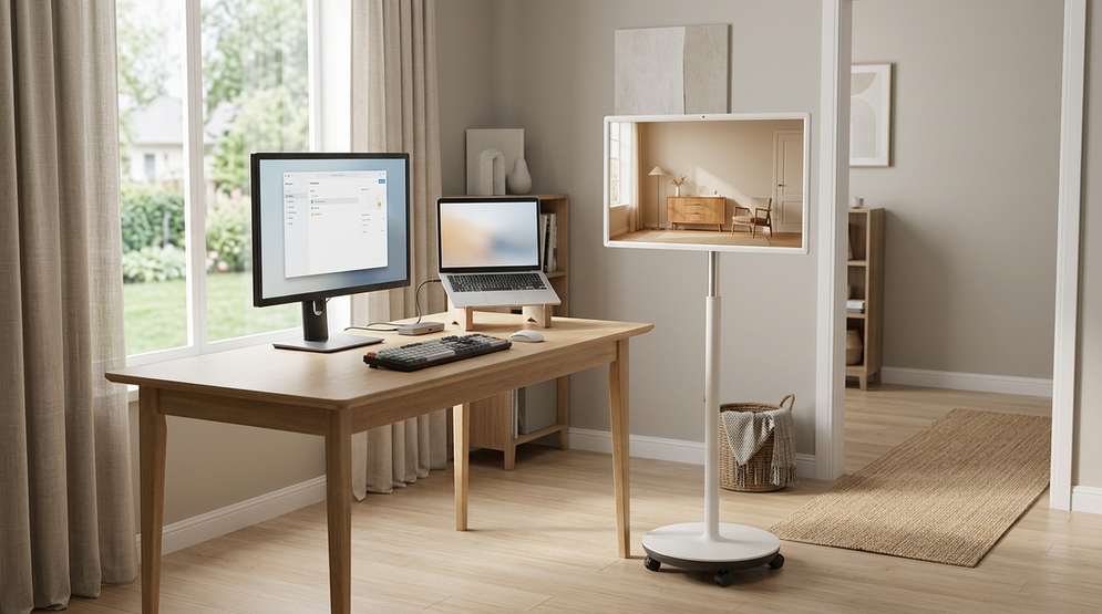 A rolling smart display beside a fixed second monitor in a hybrid work home office