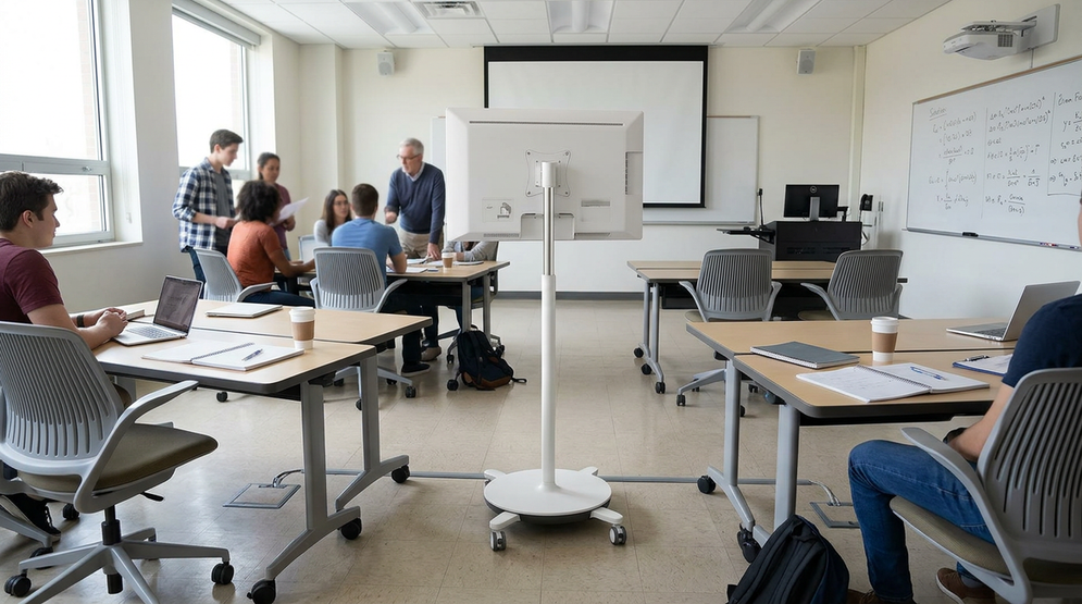 Rolling smart display on a wheeled stand in a flexible classroom