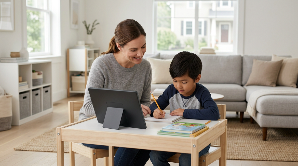 A portable smart display in a family room homework setup