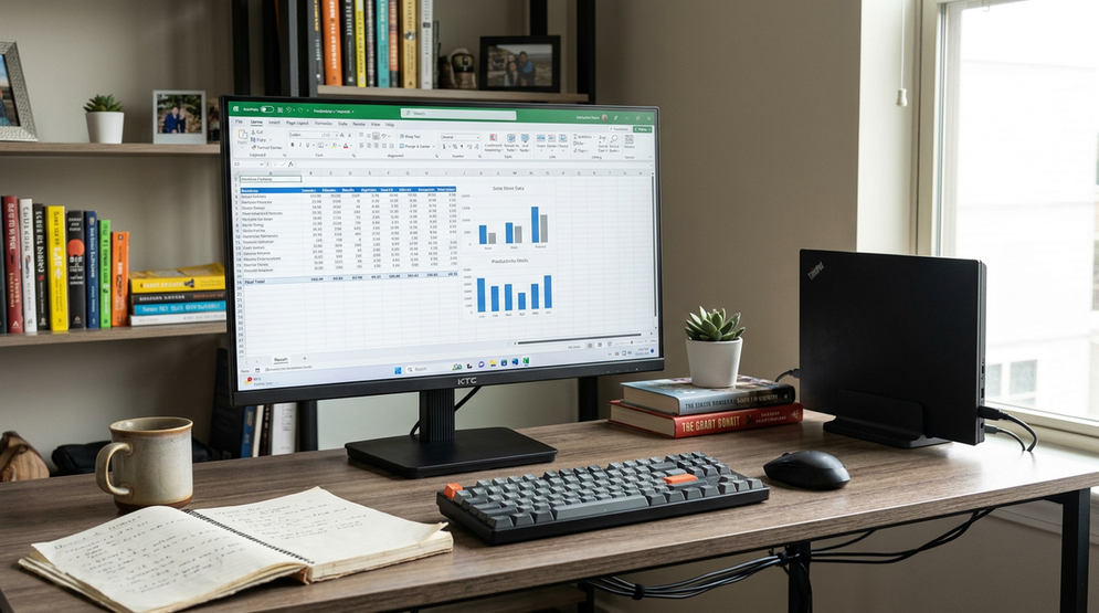 A clean hybrid home office desk with a 27-inch monitor, laptop, keyboard, and notebook