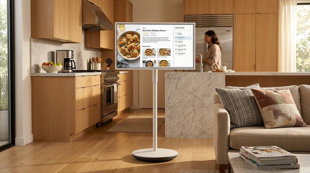 Rolling smart display in a modern home living space beside a kitchen and family area