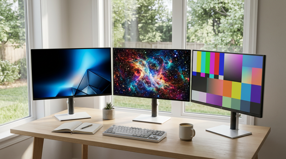 Bright home office desk with three monitor panel types compared visually
