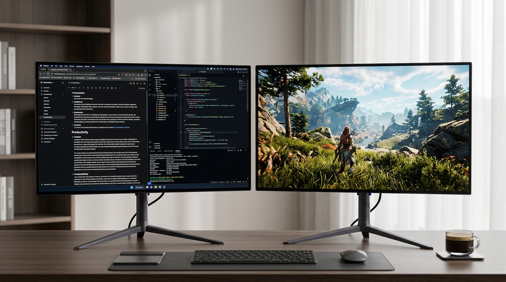 Side-by-side OLED and Mini-LED monitor comparison on a desk