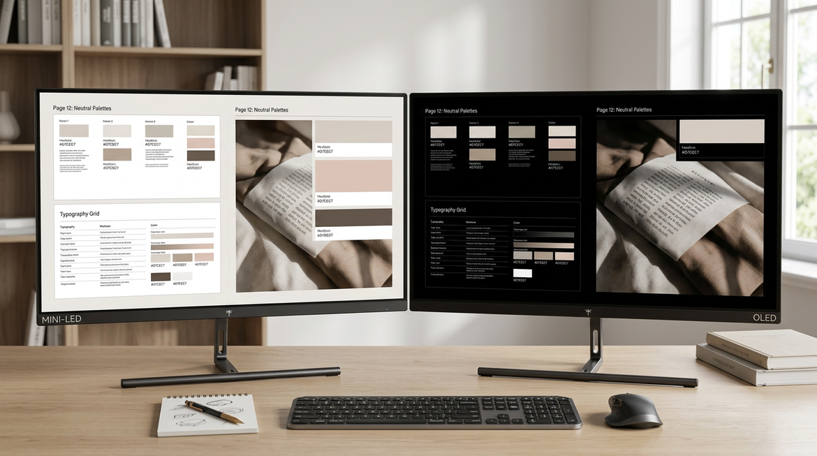 Designer comparing Mini-LED and OLED monitors for color-accurate work at a studio desk