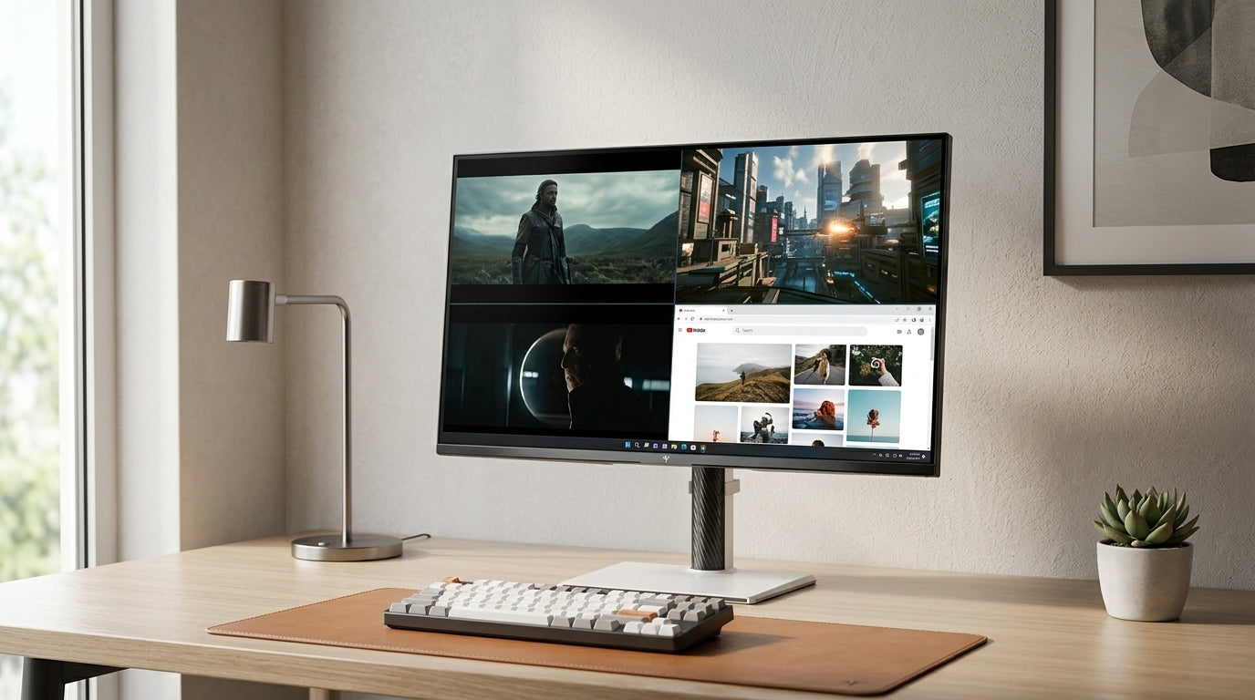 Mini-LED monitor showing HDR content beside a desktop window and game HUD