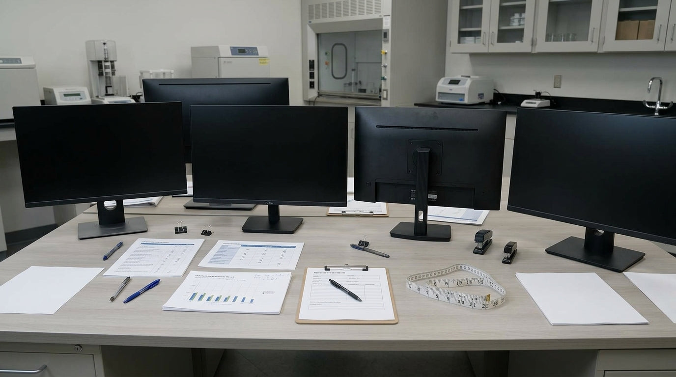 Education procurement workspace with monitors, paperwork, and a comparison checklist on a clean desk.