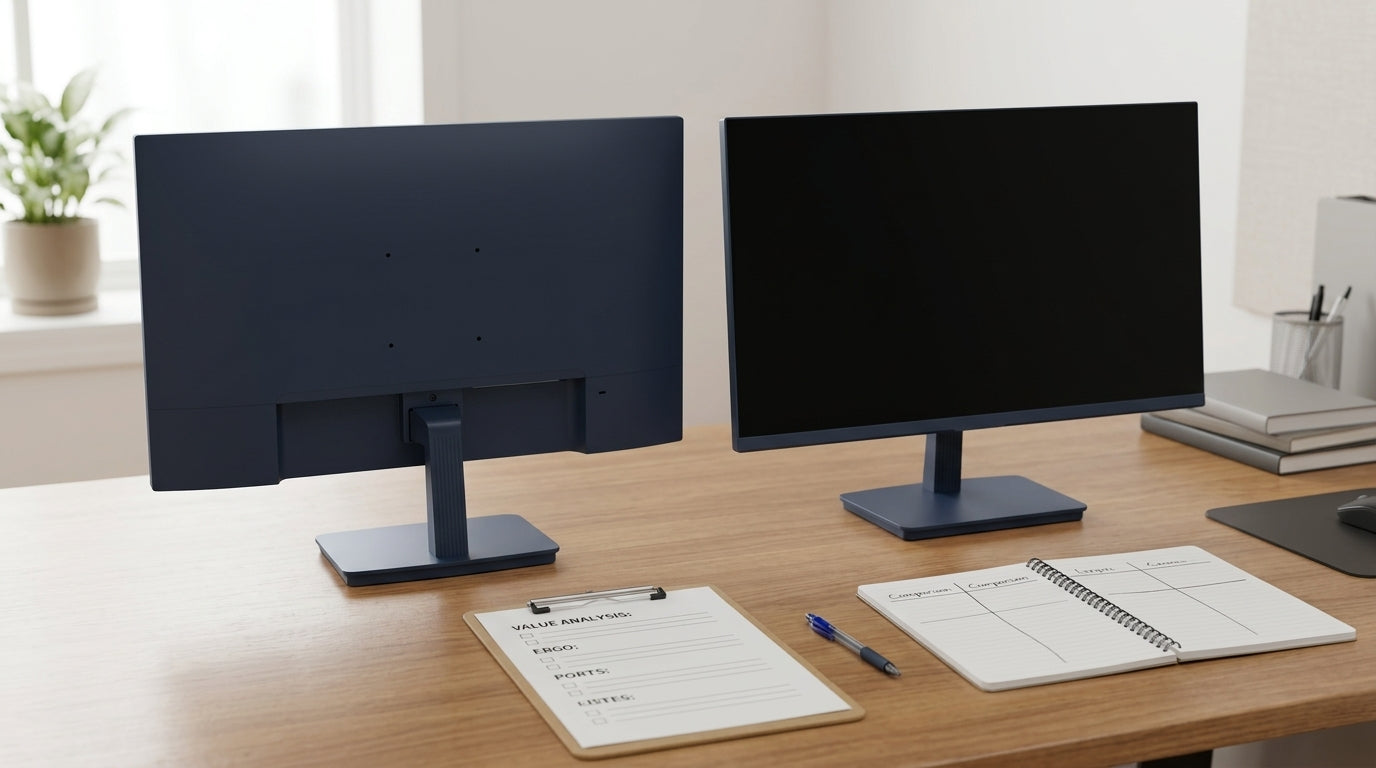 A neutral workspace with monitor boxes and a comparison checklist