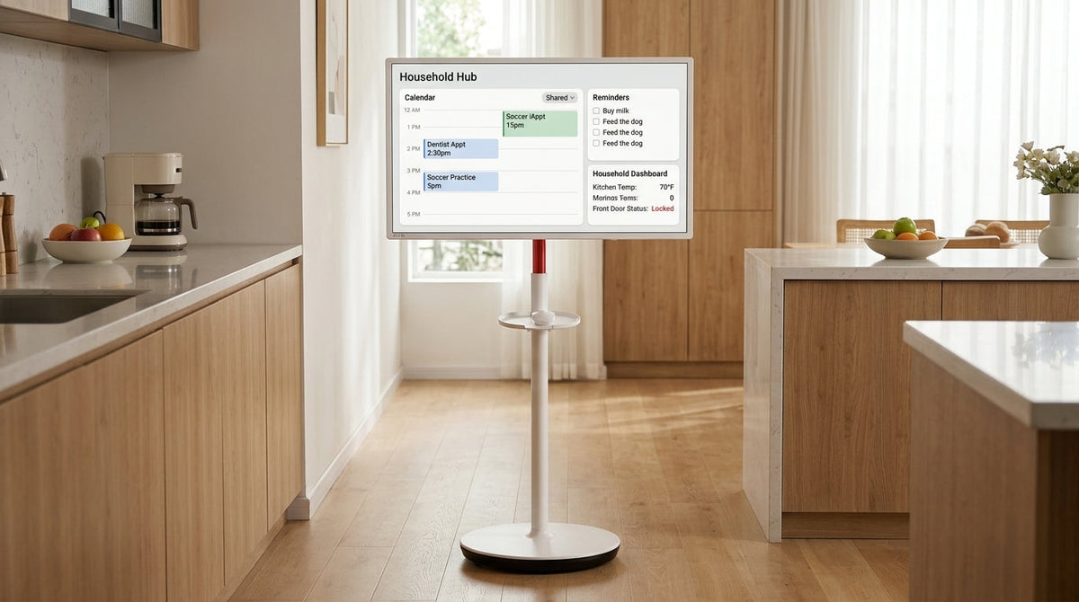 Rolling smart display in a family kitchen with a shared calendar and reminders on screen