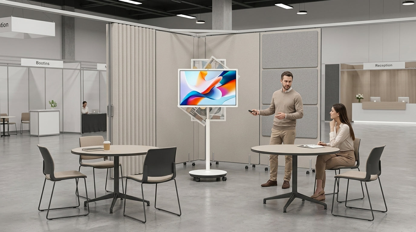 Rolling smart display on wheels in a pop-up event space with presenters nearby