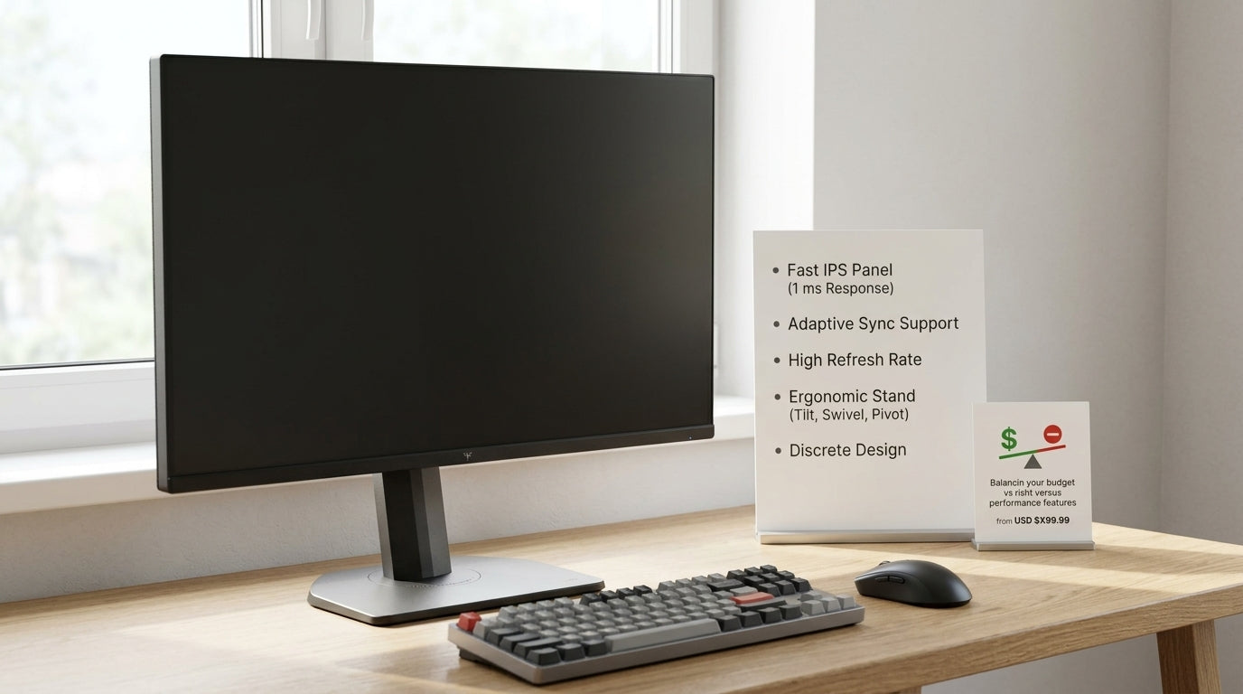 A modern gaming monitor on a clean desk with a neutral comparison layout beside it