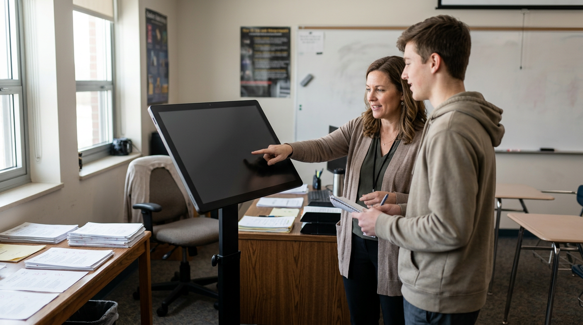 KTC MegPad in a classroom setting, shown as a large-screen teaching tablet used for lessons and tutoring.