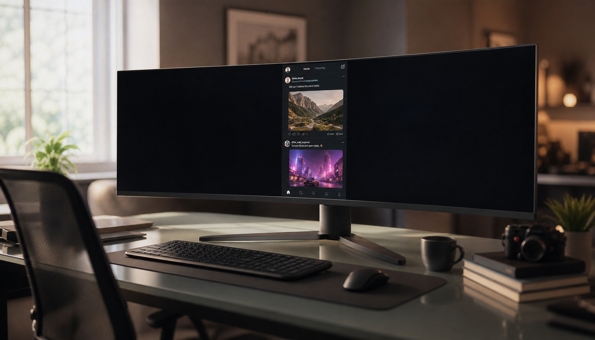 A 32:9 ultrawide monitor displaying a narrow social media feed centered on screen, with large empty grey margins on both sides