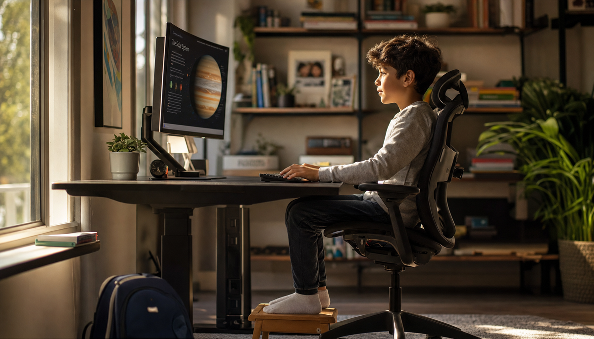 A child seated at an ergonomically adjusted desk with feet on a footrest, looking down at a monitor at the correct height