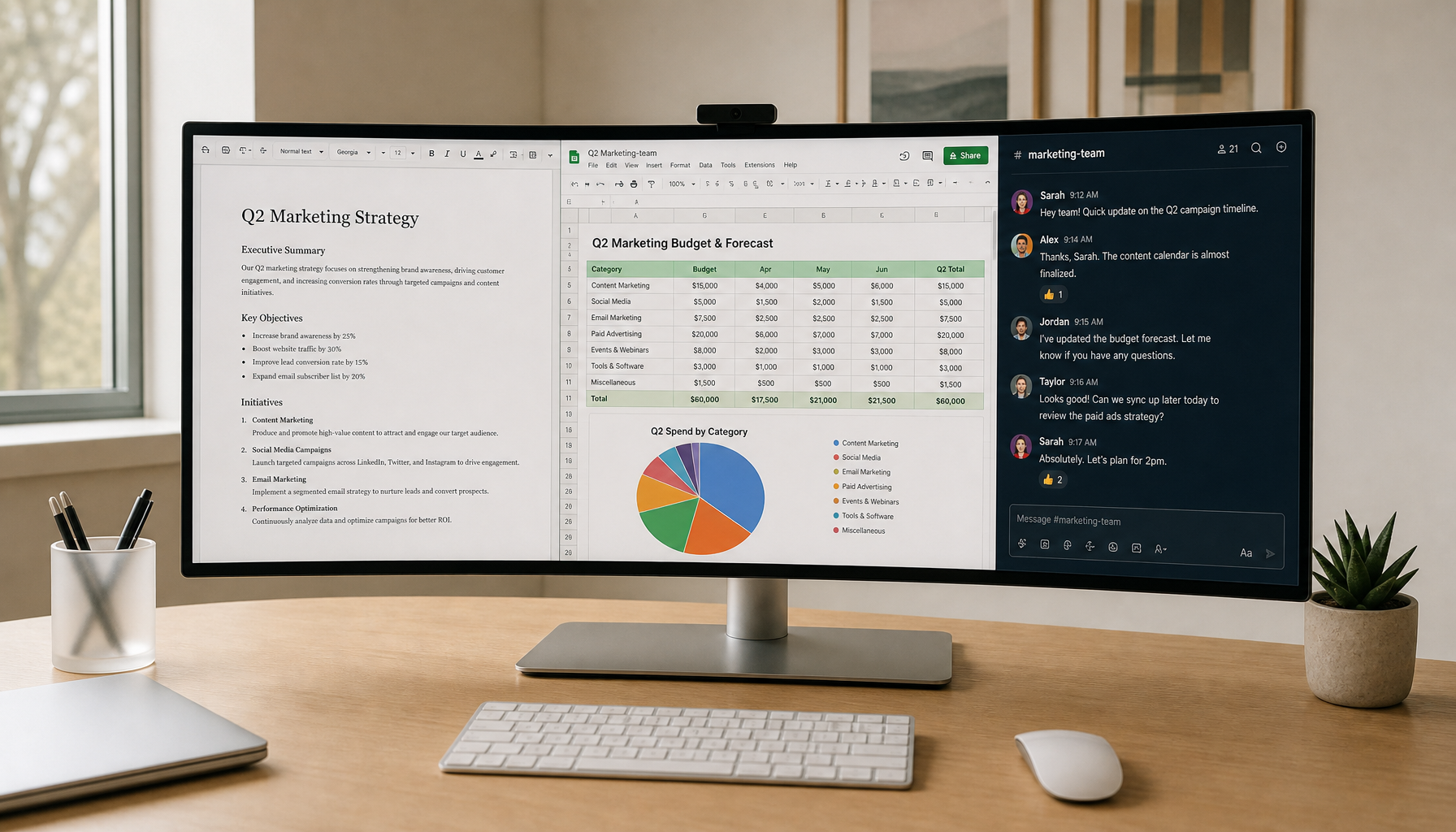 A curved ultrawide monitor on a home office desk showing three side-by-side work zones in soft natural window light