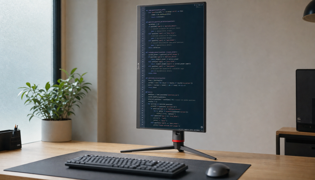 A vertical portrait monitor on a home office desk displaying code in a tall layout, showing more lines at once