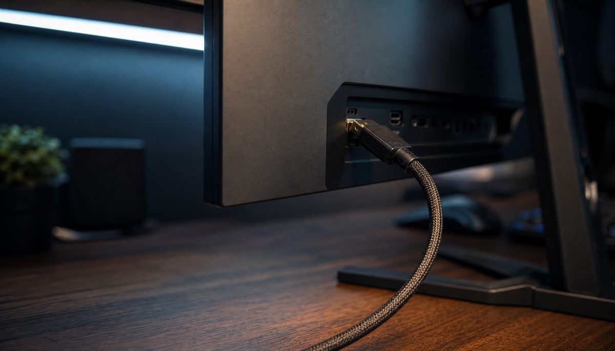 Braided DisplayPort cable connected to the rear of a gaming monitor on a dark desk, illuminated by cool ambient lighting
