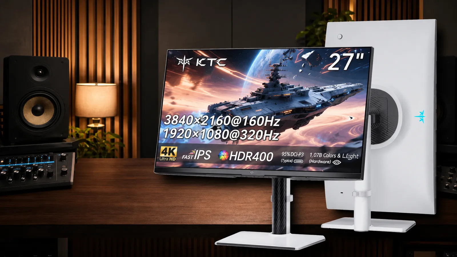 KTC H27P6 4K HDR gaming monitor shown from the front and rear with complete stands in a cinematic HDR workstation scene