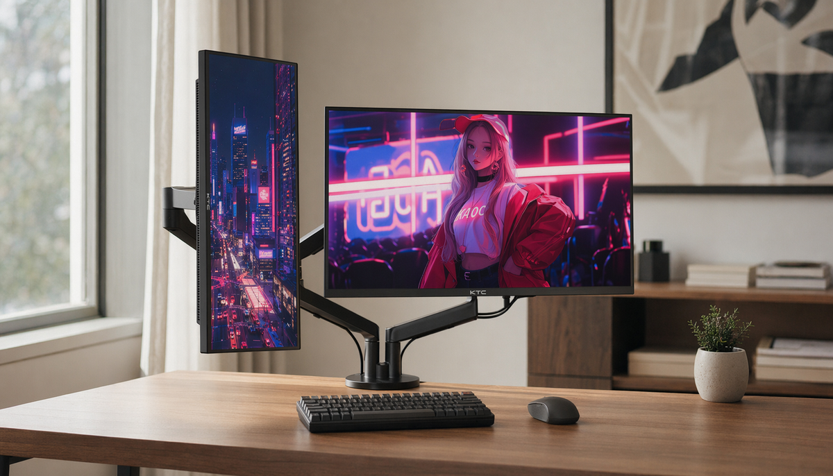 Clean desk setup with a vertical portrait monitor beside a landscape gaming monitor on a monitor arm