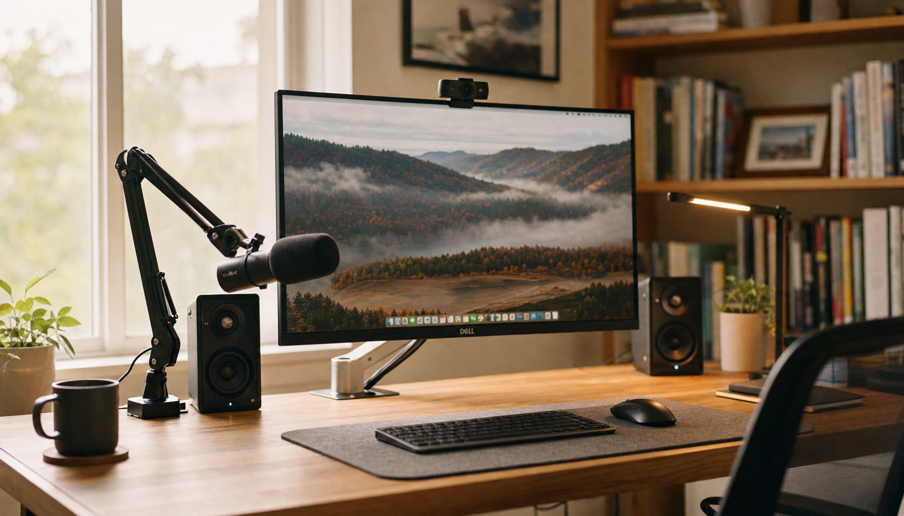 Clean home office desk with monitor, boom-arm microphone, and speakers arranged to support clear video conference audio