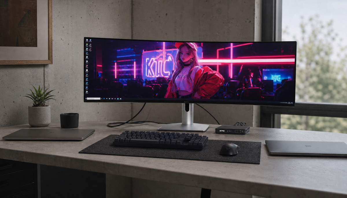 Clean hybrid worker desk setup with a KVM switch connecting two laptops to a single monitor, keyboard, and mouse