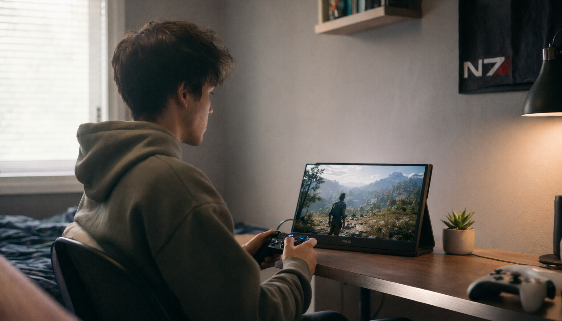 Console player gaming on a portable monitor at a dorm room desk, creating a personal setup away from the shared TV