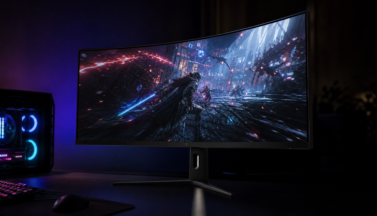 Curved gaming monitor displaying a high-action game scene in a dark setup, illustrating the adaptive sync and dynamic resolution scaling topic