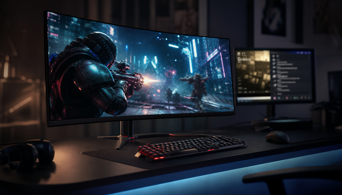 Curved gaming monitor showing an active game with a second display running apps in the background, illustrating adaptive sync flicker under multi-application load