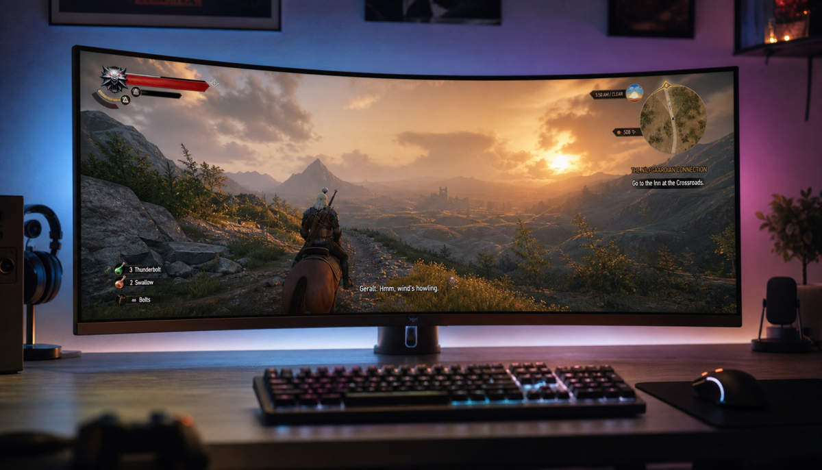 Curved ultrawide gaming monitor displaying a game at correct 21:9 proportions with undistorted HUD elements on a dark gaming desk