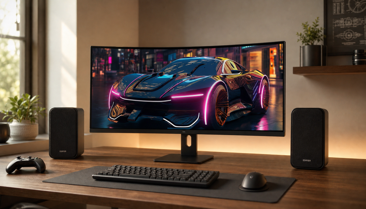 Curved ultrawide gaming monitor flanked by two bookshelf speakers in a balanced desk setup