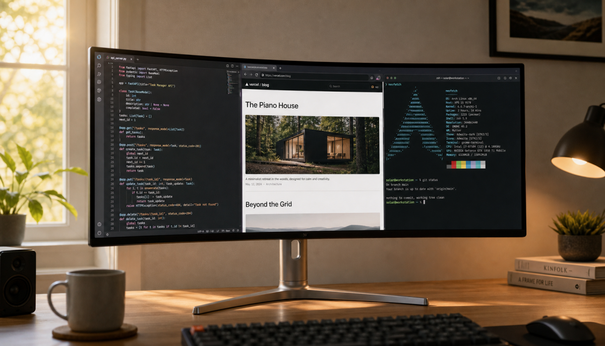 Curved ultrawide monitor centered on a home office desk showing a split-screen productivity layout