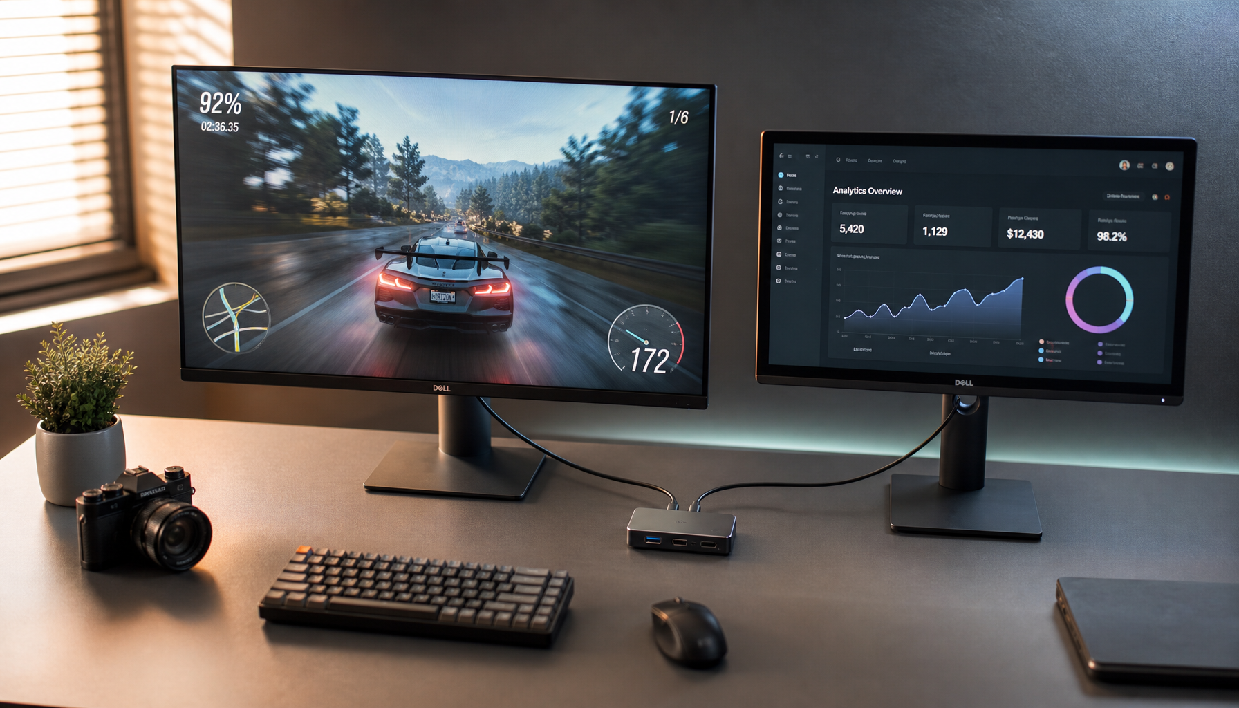 Dual-monitor desk setup connected through a DisplayPort MST hub showing a gaming display and productivity screen sharing a single cable