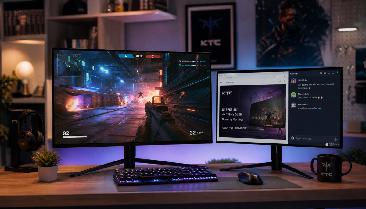 Dual monitor gaming desk setup with Adaptive Sync enabled on the primary display and a secondary productivity screen
