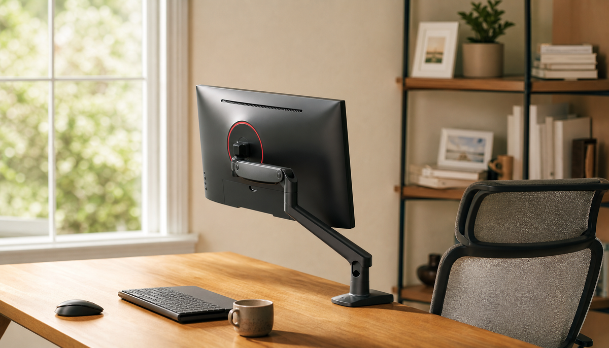 Ergonomic home office with monitor mounted on adjustable arm at eye level, clean desk setup promoting relaxed shoulder posture