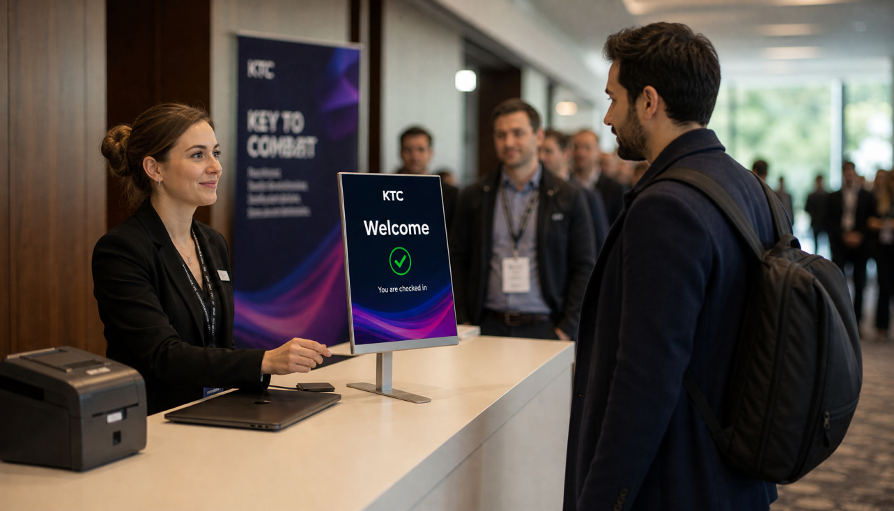 Event coordinator at a conference registration desk with a portable monitor displaying a welcome confirmation screen for arriving guests