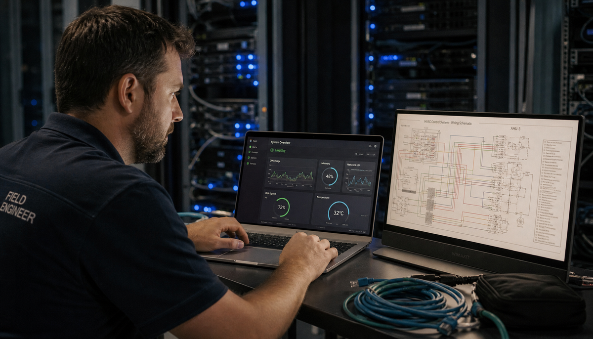 Field service engineer using a laptop and portable monitor side by side at a temporary workstation inside a server room