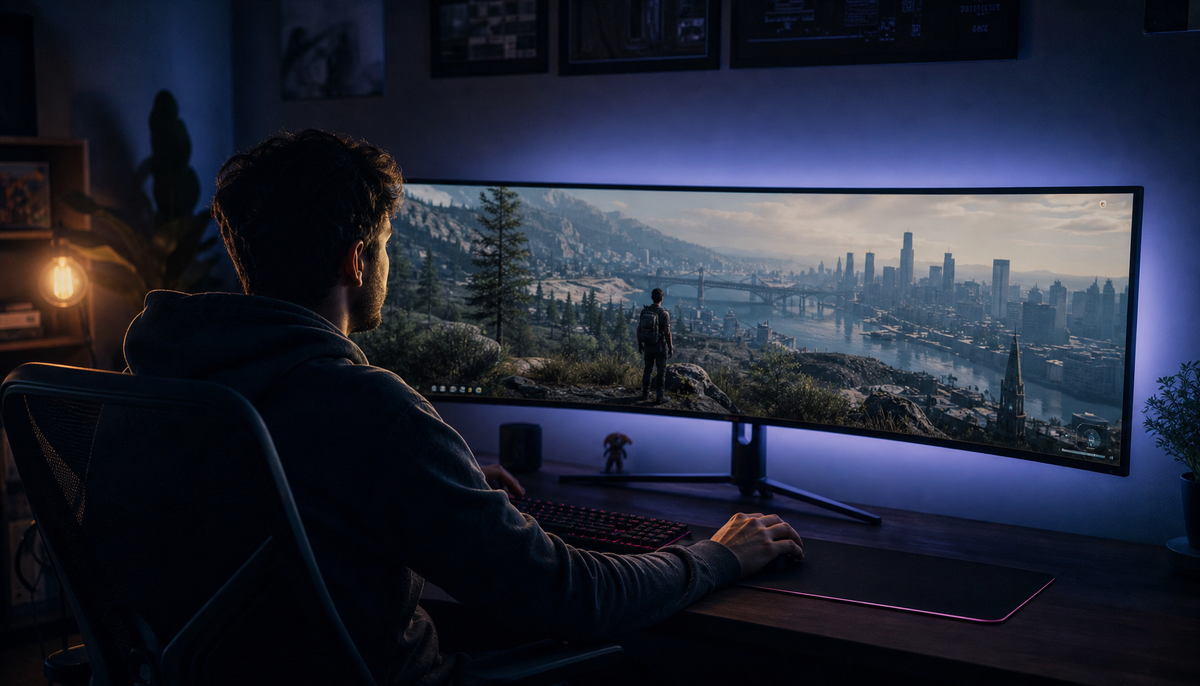 Gamer using a curved ultrawide monitor displaying a wide-angle game scene with proper 21:9 aspect ratio support