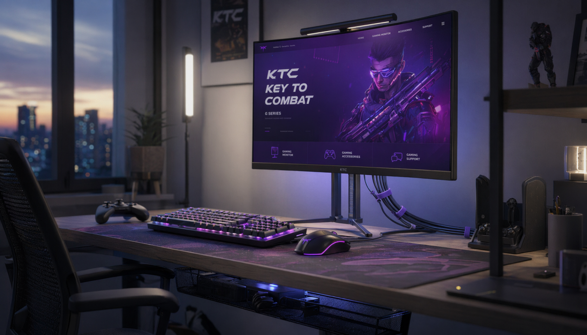 Gaming desk setup with multiple cables managed neatly behind a monitor stand using hook-and-loop ties
