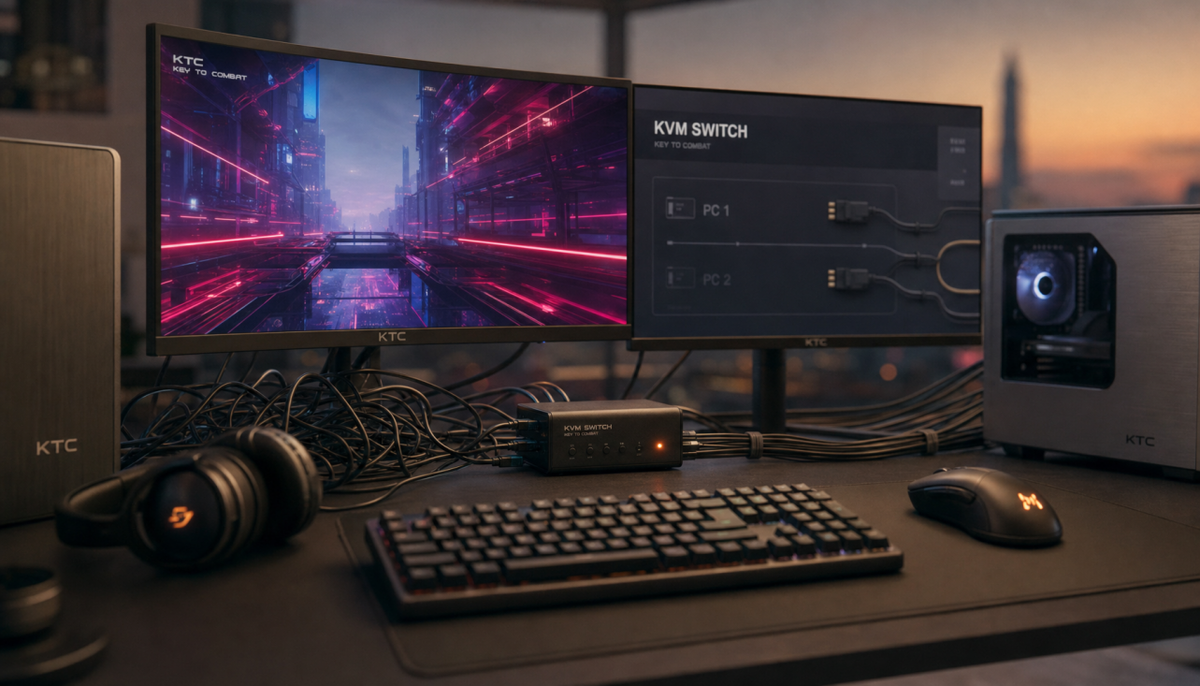 Gaming desk with a KVM switch connecting two PCs to one monitor, showing the added routing step between direct and KVM display paths