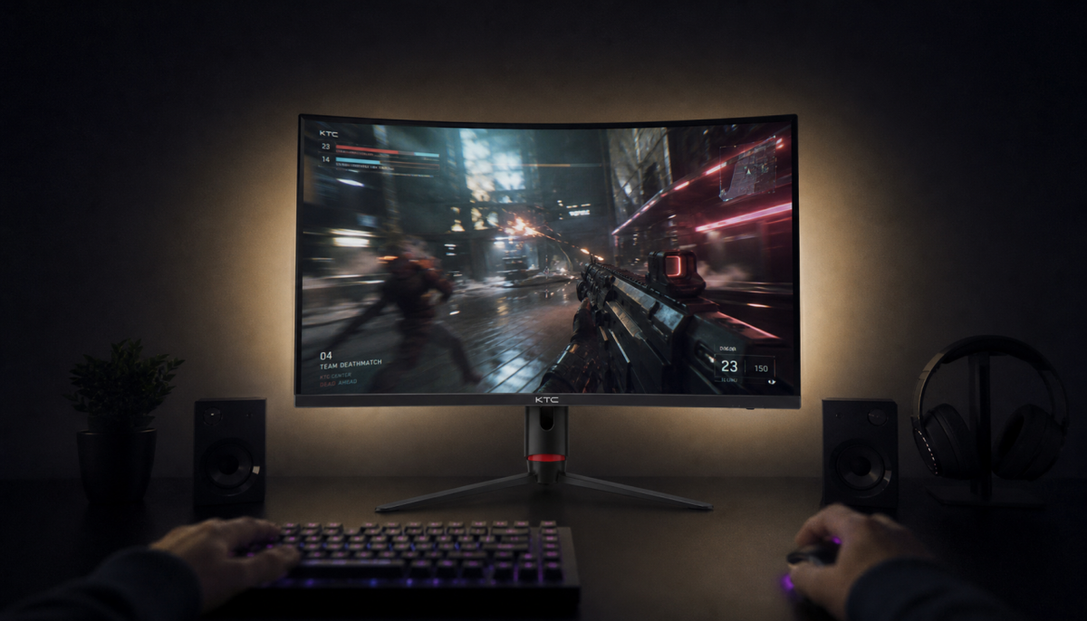 Gaming desk with monitor displaying an FPS game, soft bias LED lighting glowing behind the screen against a dark wall