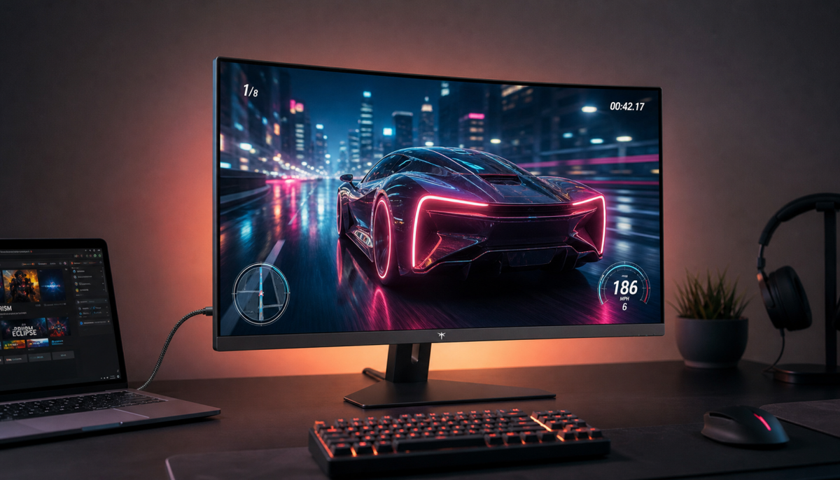 Gaming monitor connected via USB-C cable to a laptop showing adaptive sync display setup on a clean desk