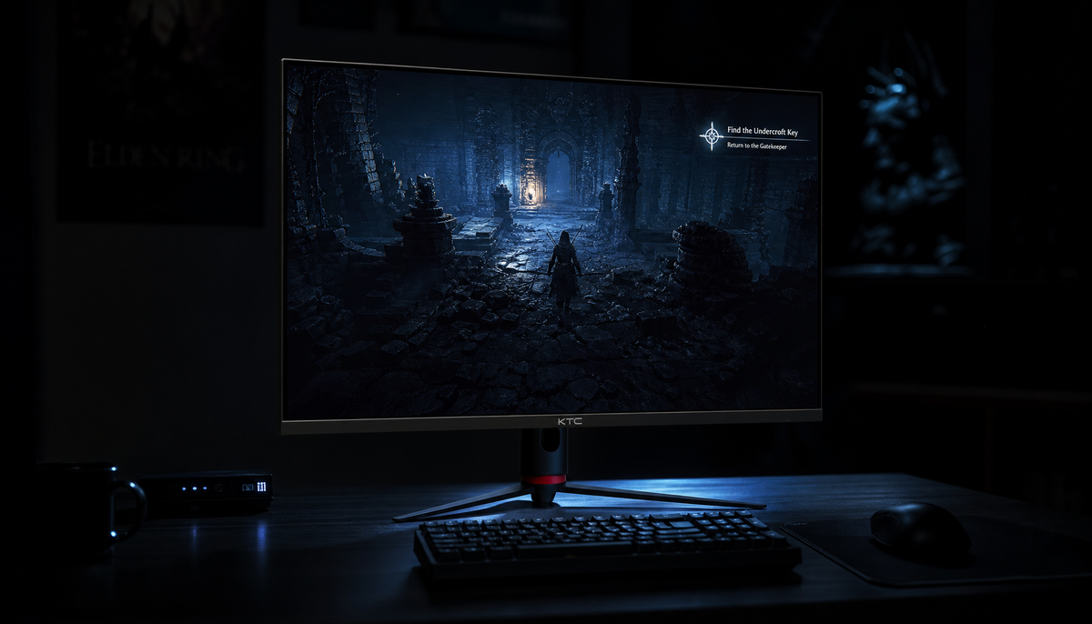 Gaming monitor displaying a dark RPG scene in a dimly lit room, illustrating local dimming backlight zone behavior with adaptive sync enabled