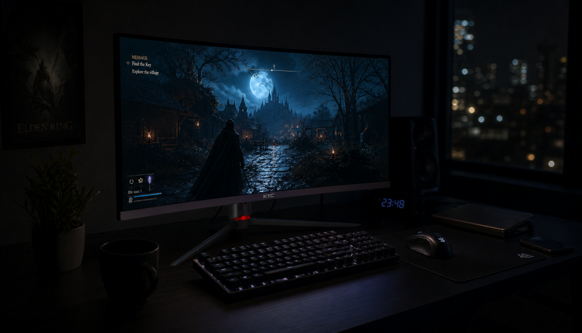 Gaming monitor displaying a dark cinematic scene in a dim room, illustrating how brightness settings affect perceived black levels