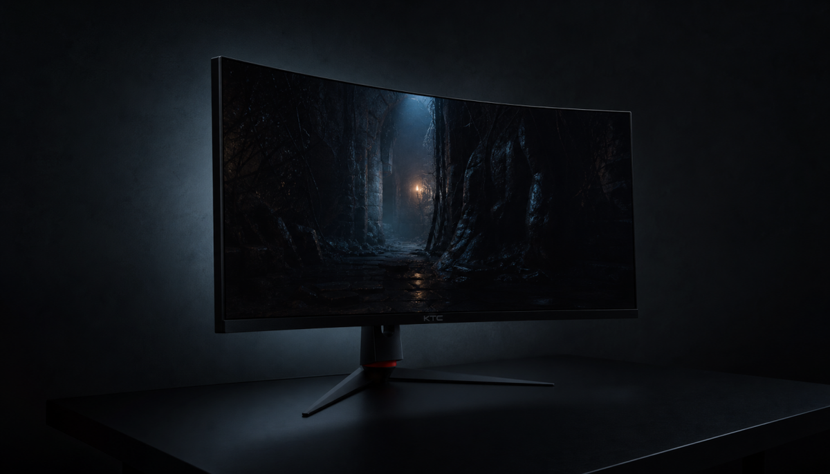 Gaming monitor displaying a dark scene in a dim room, illustrating black level behavior during dark transitions