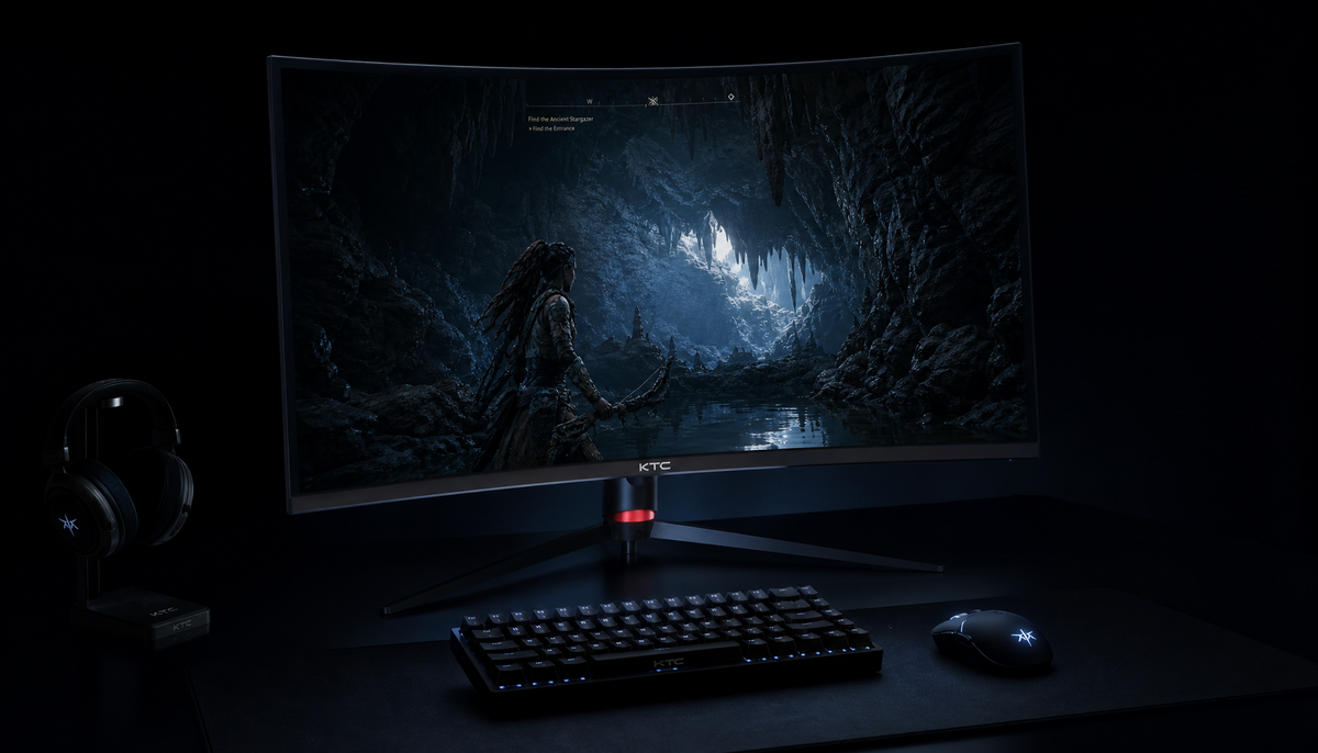 Gaming monitor displaying a dark scene in a dim room, illustrating how VRR can affect black level stability