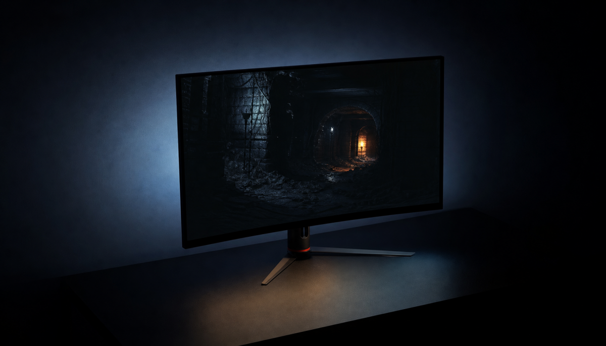 Gaming monitor displaying a dark scene in a dim room, illustrating how black levels appear at different refresh rates